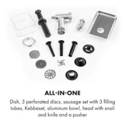 Mett Max Elektrischer Fleischwolf 600W Kupfermotor Aluminium -Küche Zu Hause 10034244 yy 0006 logo Klarstein Mett Max elektrischer Fleischwolf grau