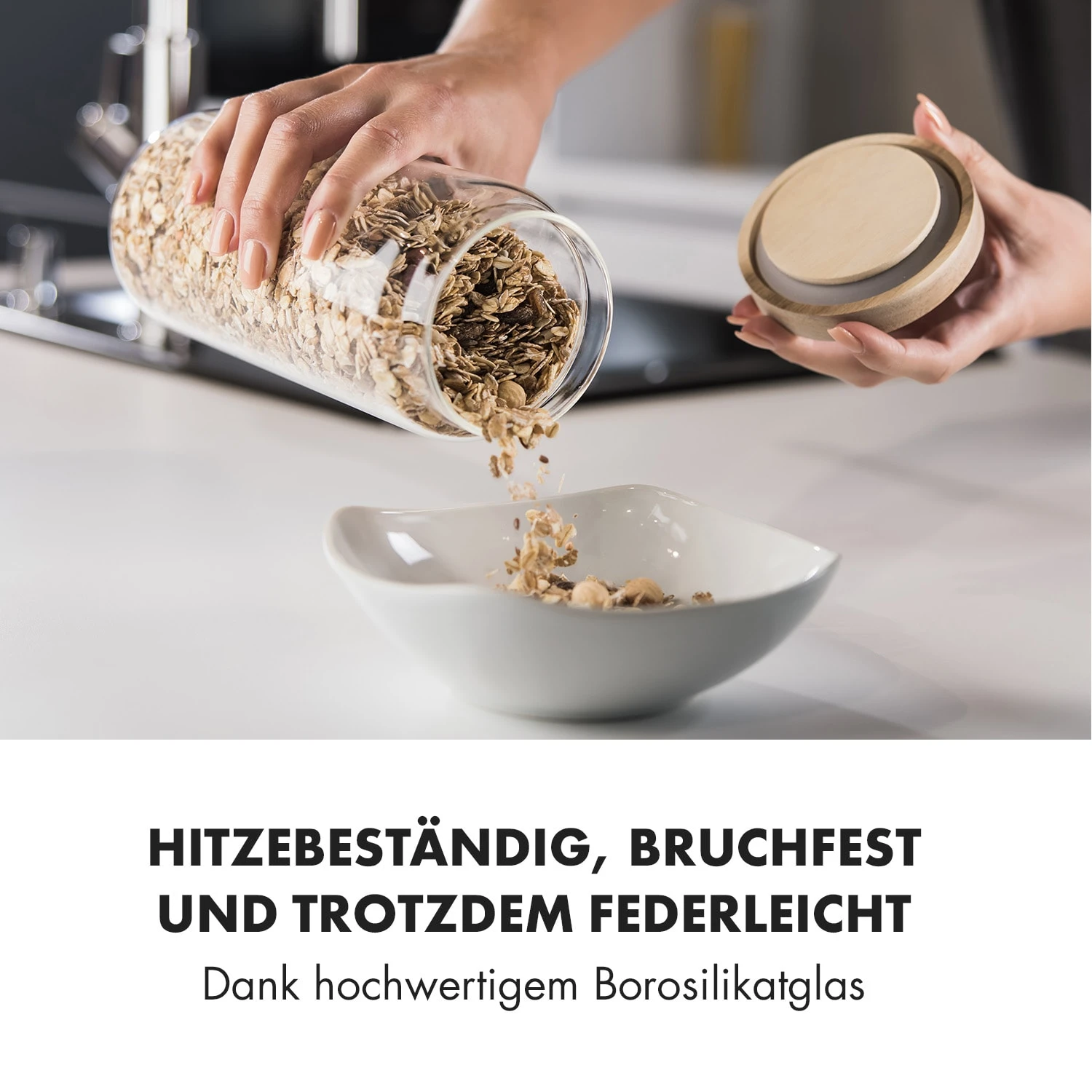 Glaswerk Lovage Vorratsgläser 1,1 L 3er Set Borosilikatglas Akazienholzdeckel Silikon 3 Glaswerk Lovage Vorratsgläser 1,1 L 3er Set Borosilikatglas Akazienholzdeckel Silikon – Bild 3