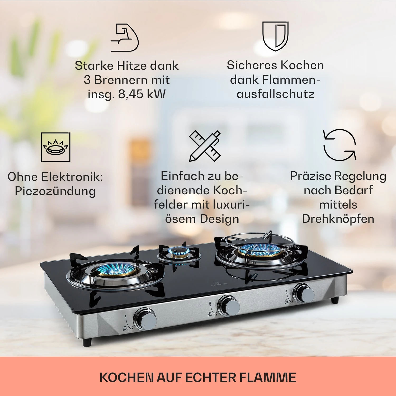 Barzona 3 Campingkocher 3 Brenner 3,4 KW & 0,75 KW & 4,3 KW Glasplatte & Edelstahlgehäuse 2 Barzona 3 Campingkocher 3 Brenner 3,4 KW & 0,75 KW & 4,3 KW Glasplatte & Edelstahlgehäuse – Bild 2