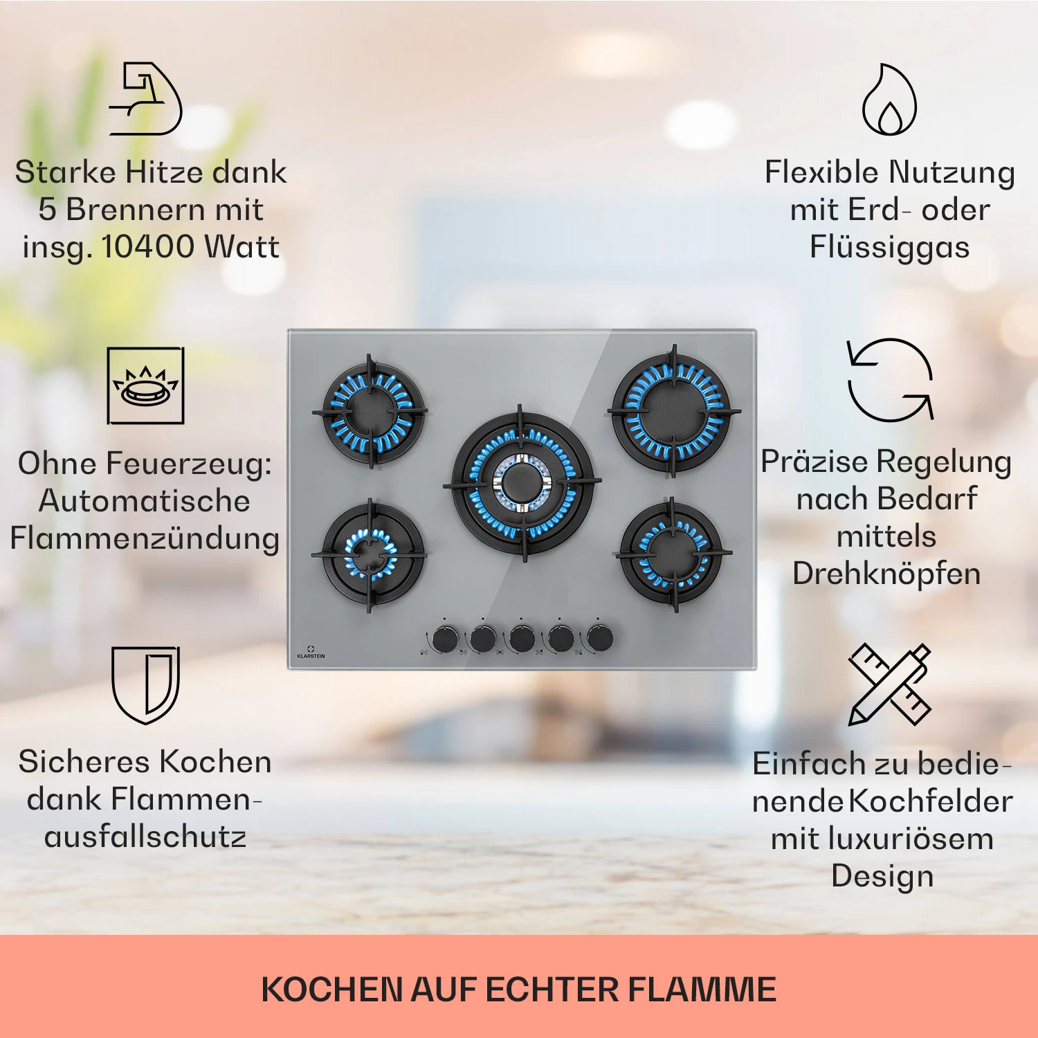 Firetale Gaskochfeld 5-flammig 70 Cm Aluminium-Brenner Inkl. Schlauch Und Druckminderer 2 Firetale Gaskochfeld 5-flammig 70 Cm Aluminium-Brenner Inkl. Schlauch Und Druckminderer – Bild 2